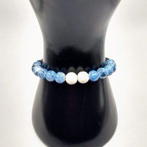 Black And White Lava Stone Bracelet-Lnk Blue Bead Bracelet